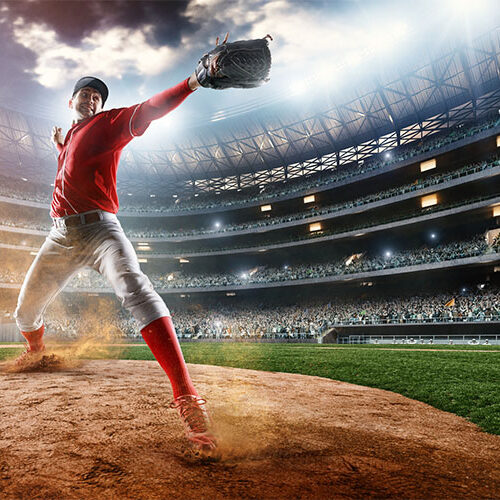 Image of a baseball batter ready to throw baseball. He is wearing unbranded generic baseball uniform. The game takes place on outdoor baseball stadium full of spectators under stormy evening sky at sunset. The stadium is made in 3D.